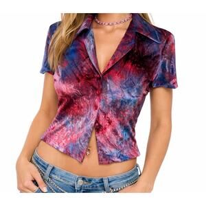 Vintage 90's Y2K Colorful Shiny Velour Tie Dye Button Up Top Small Rave Disco